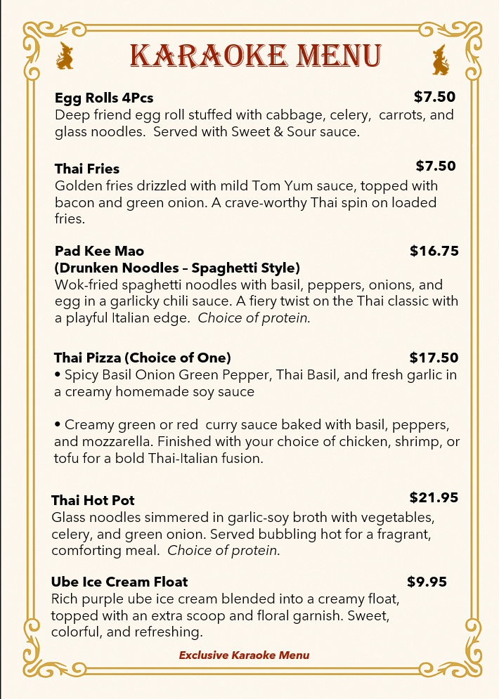Melody Thai Cuisine Karaoke Night Menu