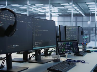 Electronic devices in empty data center establishment monitoring hardware energy consumption. PC monitors on desk used for checking potential system failures in server room, handheld camera shot